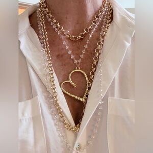 2 Multi-Style necklaces Gold Heart Pendant with Crystals & long  gold chain.